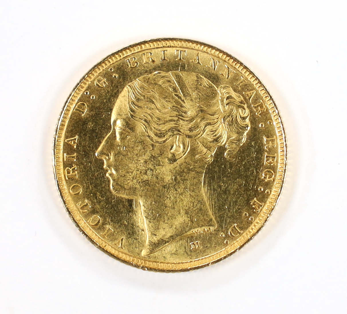 British gold coins, a Victoria gold sovereign, young head 1885M (S3857), EF